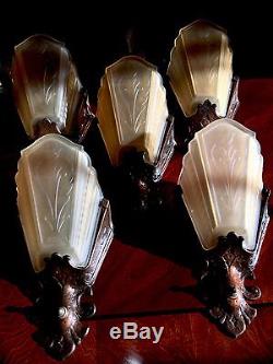10 Virden Art Deco Antique Satin Amber Glass Slip Shade Wall Sconces Circa 1930