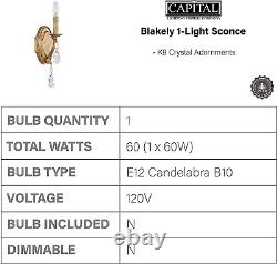 1616AG-CR Blakely K9 Crystal Wall Sconce, 1-Light 60 Watt, 13 H X 5 W, Antique