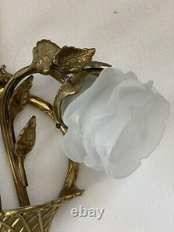 1 French Brass Bronze Bow Leaf Wall Sconce Basket Glass Rose Frosted Shade