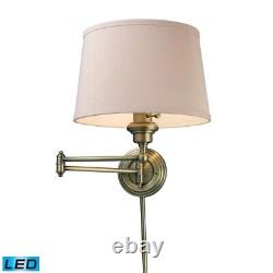 1-Light Swingarm Wall Lamp In Antique Brass With Off-White Fabric Shade Made Of