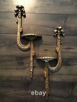 1 Pair Of Vintage Style Gold Carved Wall Sconces Shelves With Bows And Tassels