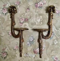 1 Pair Of Vintage Style Gold Carved Wall Sconces Shelves With Bows And Tassels