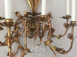 1 Vintage French Gilt Tole Crystal Wall Sconces 39 5 light Wall Chandelier HUGE