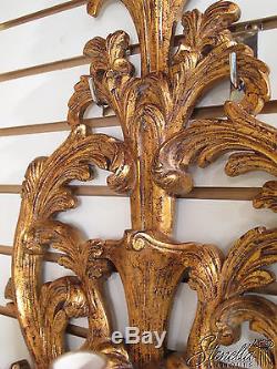 21263 Pair Venetian Gold Decorated Wood Carved Lighted Wall Sconces New