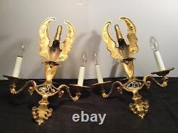 2Vintage Swan Head 3 Light Electric Wall Sconces Brass/Gold Toned Cast Iron