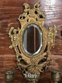 2 Antique 19th Century Louis lll Style Gilded Bronze MIRRORED Wall Sconce 13X7X4