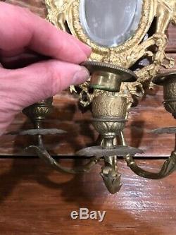 2 Antique 19th Century Louis lll Style Gilded Bronze MIRRORED Wall Sconce 13X7X4