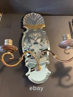 2 Antique 4 Candle Mirrored Wall Sconces 18 Etched Floral Pattern Beautiful