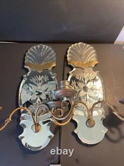 2 Antique 4 Candle Mirrored Wall Sconces 18 Etched Floral Pattern Beautiful