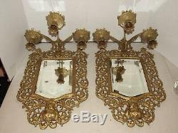 2 Antique Bradley & Hubbard Bacchus Beveled Mirror Wall Sconce Three Candle Arms