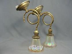 2 Antique Cast Brass Wall Sconces Iridescent Gold NUART Glass Shades Working