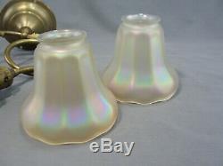 2 Antique Cast Brass Wall Sconces Iridescent Gold NUART Glass Shades Working