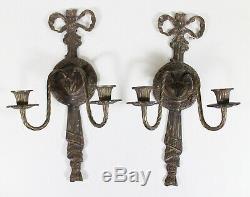 (2) Antique French Neoclassical Two Candle Wall Sconces Ribbon Wreath Design