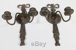 (2) Antique French Neoclassical Two Candle Wall Sconces Ribbon Wreath Design