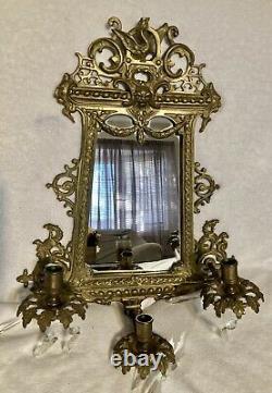 2 Antique Gold Gilt Brass Figural Bacchus 3 Light Candle Wall Sconce Lamps