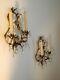 2 Antique Victorian Crystal Prisms Girandole Wall Candle Sconces Italy Gilded