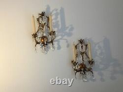 2 Antique Victorian Crystal Prisms Girandole Wall Candle Sconces Italy Gilded