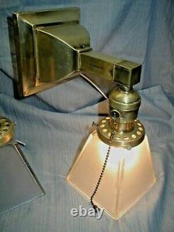 2 Antique Vtg Mission Arts & Crafts Deco Light Fixture Wall Sconce Square shade
