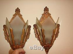 2 Art Deco Vtg Wall Light Sconce Fixtures With Glass Slip Shades Marked M. E. P