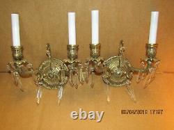 2 Brass Spanish 2l Antique Sconces In Exc Cond! Crys Ornate V. Nice Back Pl