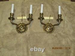 2 Brass Spanish 2l Antique Sconces In Exc Cond! Crys Ornate V. Nice Back Pl