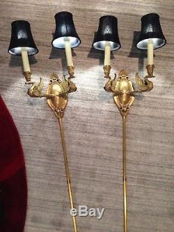 2 Elegant Empire Swan Bouillotte Brass Wall Sconces Newly Wired w Plugs & Shades