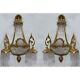 2 Gilded Brass Antique Replica Crystal Chains French Empire Ornate Wall Sconces