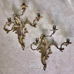 2 Identical Neapolitan Gilded Bronze Candelabra Wall Sconce Rococo Stunning