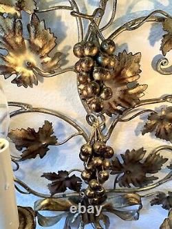 2 Italian Gilt Tole Grape Cluster Sconces Hollywood Regency Lamp Wall Lights