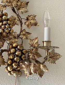 2 Italian Gilt Tole Grape Cluster Sconces Hollywood Regency Lamp Wall Lights
