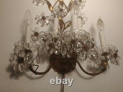 2 Italian Gilt Tole Sconces Hollywood Regency Wall Lights with CRYSTAL flowers
