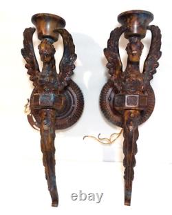 2 Large 17 Bronze Antique Art Deco Gothic Griffin Steampunk Wall Light Sconce