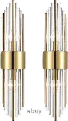 2-Light Modern Brushed Titanium Gold Wall Sconce with Clear Glass Crystal