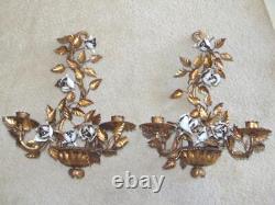 2 MCM HOLLYWOOD REGENCY Gold & Roses Tole Metal Wall Mount CANDLE SCONCES, Italy