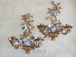 2 MCM HOLLYWOOD REGENCY Gold & Roses Tole Metal Wall Mount CANDLE SCONCES, Italy