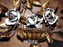 2 MCM HOLLYWOOD REGENCY Gold & Roses Tole Metal Wall Mount CANDLE SCONCES, Italy