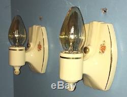 2 Matching Antique Pair of Porcelier Wall Sconces Flowers Gold Details Switches
