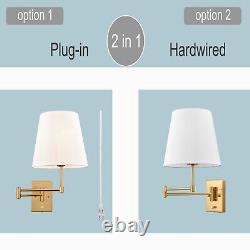 2-Pack Swing Arm Wall Lamp Brass Wall Sconces with Linen Shade Plug-in