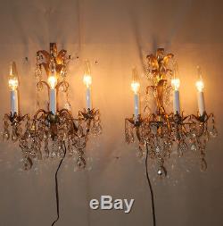 2 Sconces wall lamps gilt Tole crystal prism Italy gold leaf brass look Vintage