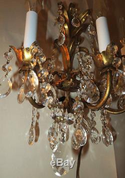 2 Sconces wall lamps gilt Tole crystal prism Italy gold leaf brass look Vintage