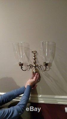 2 Solid Brass Double Arm Wall Sconce Candle Holder Hurricane Glass Shades Globes