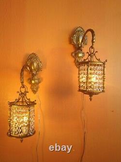 2 Spanish Antique Gilt Brass & Glass Crystals Wall Lanterns Sconces