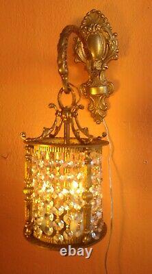 2 Spanish Antique Gilt Brass & Glass Crystals Wall Lanterns Sconces
