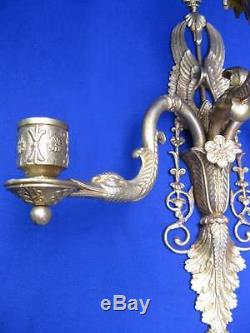 2 Vintage Italian Gilt Bronze Ormolu Ornate Neoclassic 3 Arm Candle Wall Sconces