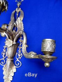 2 Vintage Italian Gilt Bronze Ormolu Ornate Neoclassic 3 Arm Candle Wall Sconces