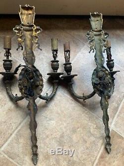 2 Vintage / Antique Victorian Cast Iron Gilded Wall Mount Sconce Light Fixtures