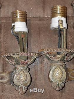 2 Vintage Cast Iron Ornate Victorian Sconce Wall Light Fixtures Red Green Gold