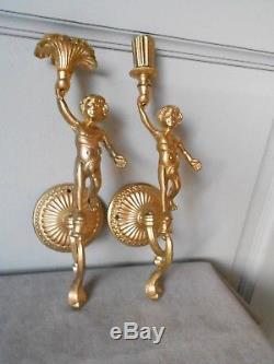 2 Vintage French BRONZE WALL CANDLE SCONCES / Putto, Putti