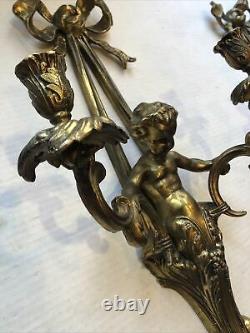 2 Vintage Gold Metal Brass Candle Holders Pair Wall Double Sconces Cherubs 22
