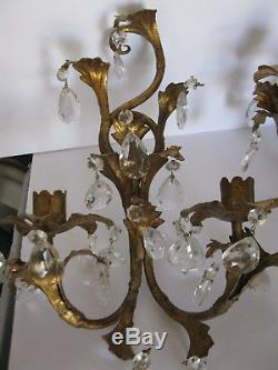 2 Vintage Italian Gold Gilt Tole Hollywood Regency Candle Wall Sconces